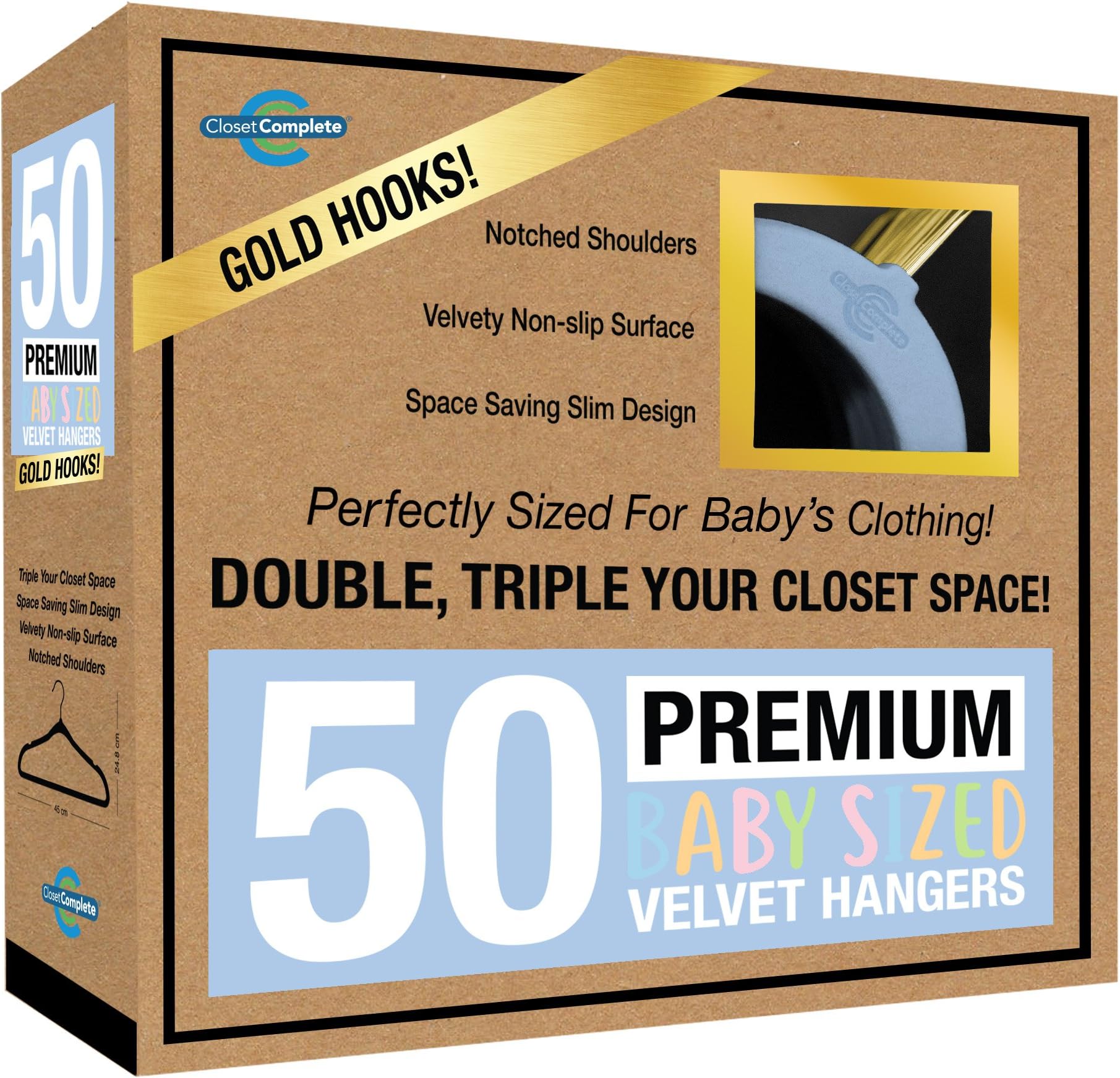 Closet Complete Baby Velvet Hangers, Premium Quality, True-Heavyweight, Virtually-UNBREAKABLE, Ultra-Thin, Space Saving No-Slip, Perfect Size for Babies 0-48 months 360° SPIN, Gold Hooks, Blue, 50 pc