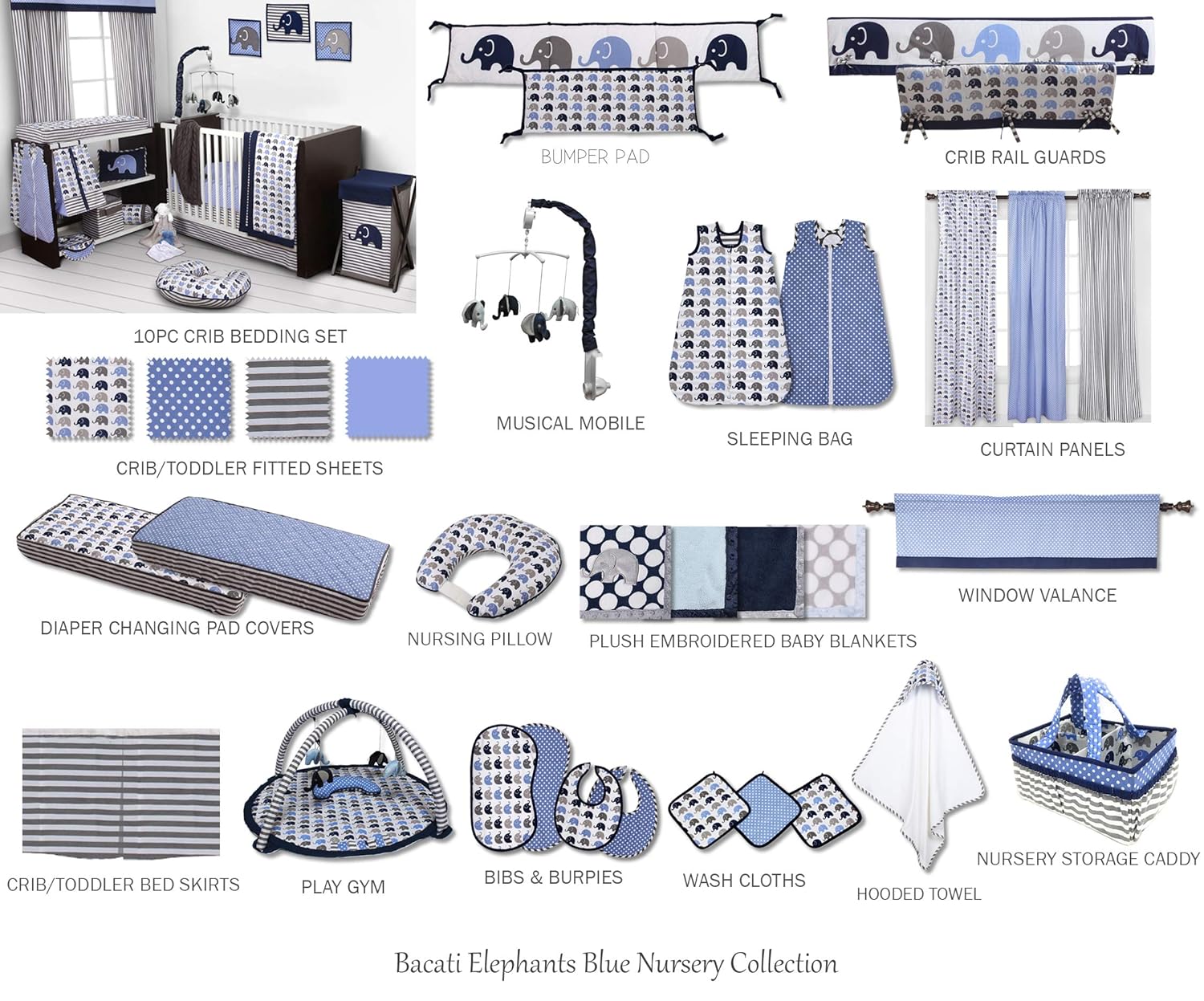 Bacati - Elephants Blue/Grey 10 Pc Boys Crib Baby Bedding Set Including Bumper Pad 100 Percent Cotton. : Baby