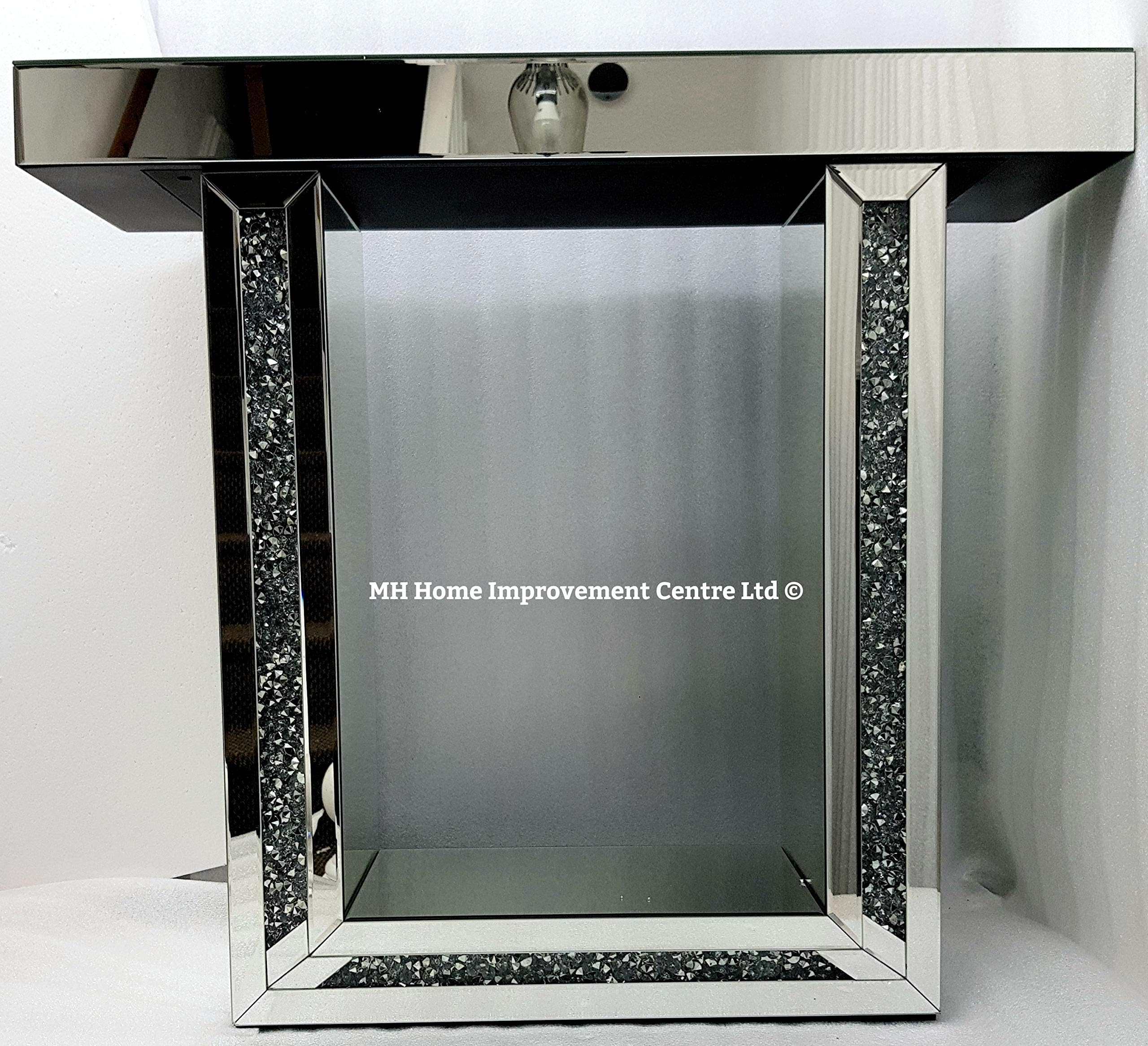 MHHIC Mirrored Console Table Sparkly Silver Mirrored Diamond Crush Crystal Compact Size Length 89.5cm Height 80cm Depth 24.5cm