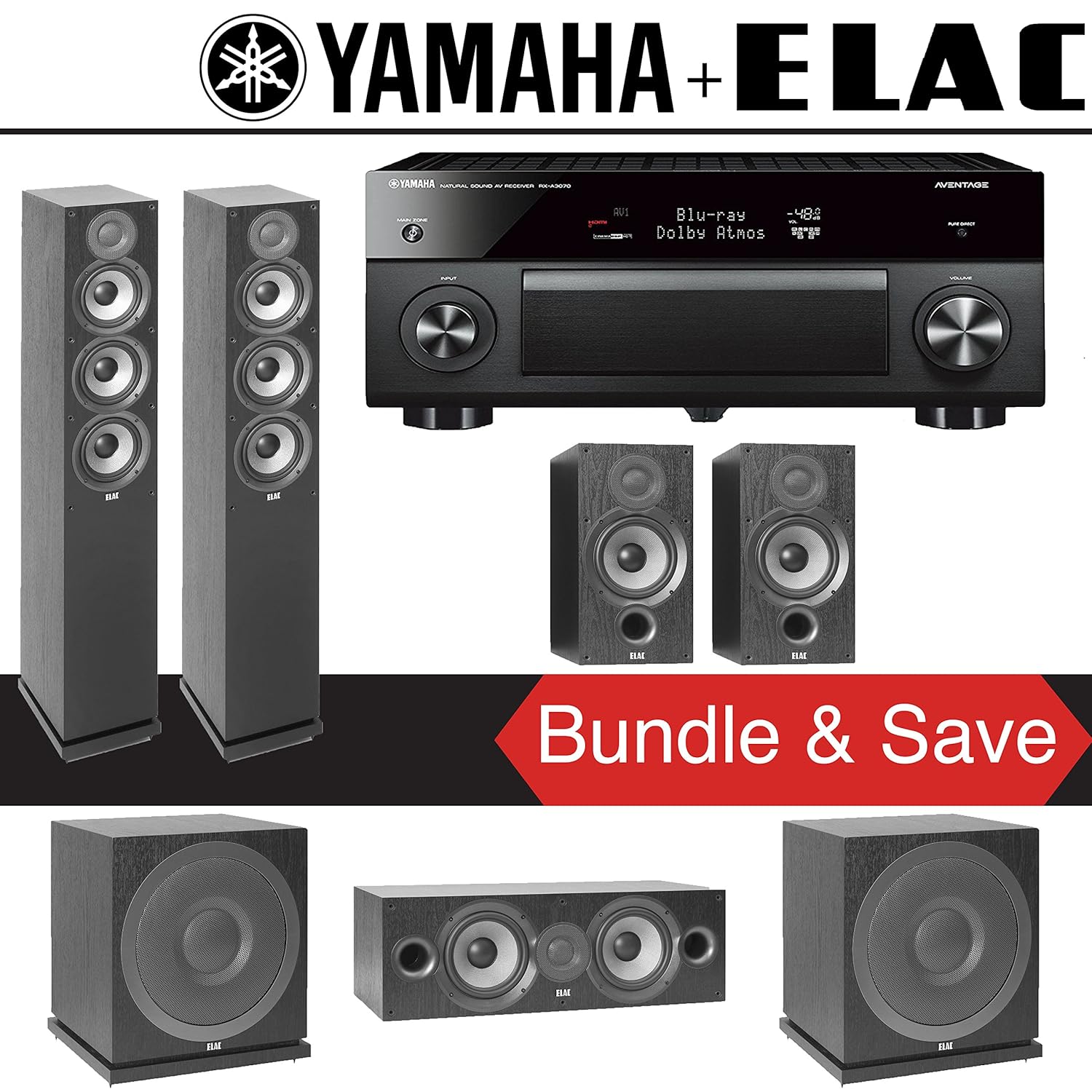 Elac F5.2 Debut 2.0 5.2-Ch Home Theater Speaker System with Yamaha AVENTAGE RX-A3070BL 11.2-Channel 4K Network A/V Receiver
