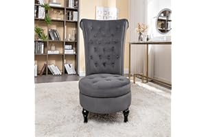 Container Furniture Direct Royal Velvet Accent Chair for Vanity with Storage and Luxurious Upholstery, Retro Design and Versatile Usage for Living Room, Bedroom, Lounge and Office, Grey