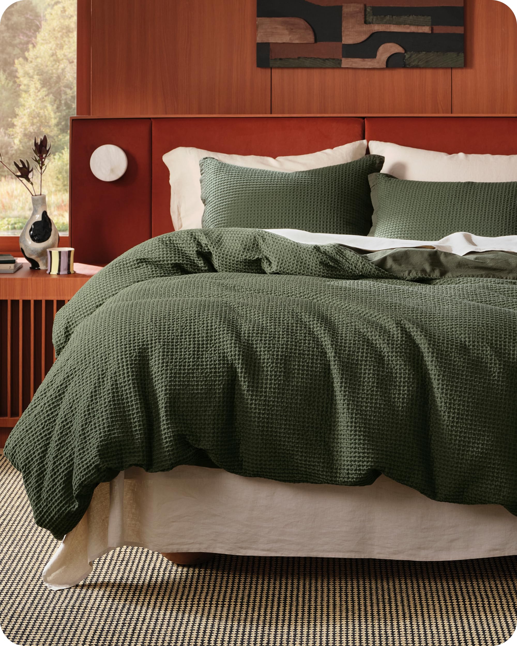 Photo 1 of Bedsure Cotton Duvet Cover Queen - 100% Cotton Waffle Weave Olive Green Duvet Cover Queen Size, GentleSoft™ and Breathable Bedding Set for All Season, 3 Pieces, 90"x90"