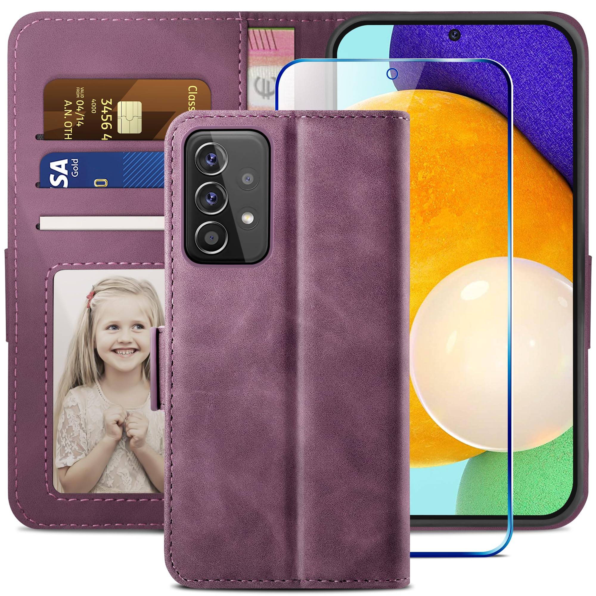 YATWIN Compatible with Samsung Galaxy A52s/A52 5G Case, Flip Wallet Leather Case with Tempered Glass Screen Protector and Card Slot Kickstand Phone Cases Cover for Samsung A52s/A52 5G - Wine Red — image 1