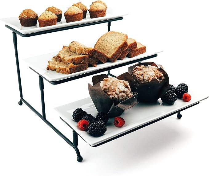 Food Serving Tray Set 3 Tier Metal Display Stand with 3 White