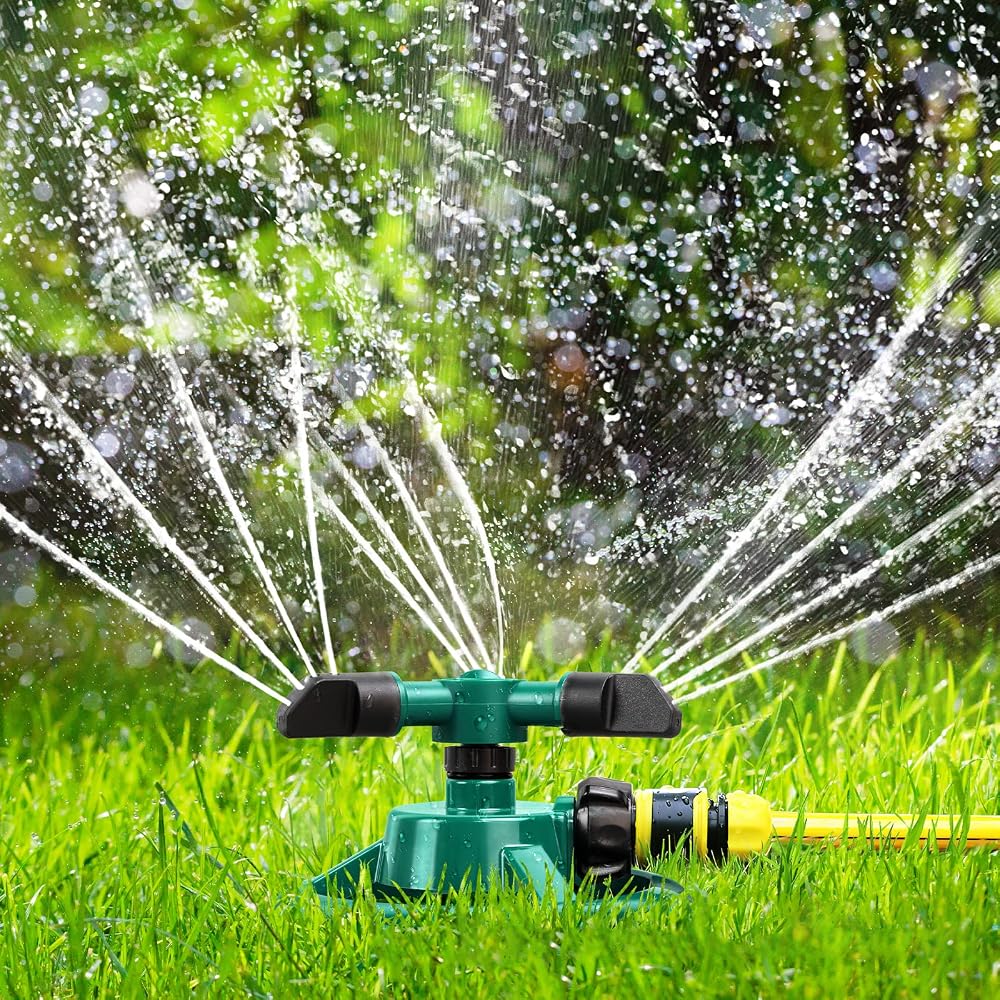 ENJSD Garden Sprinkler Automatic 360° 3 Arm Watering System 2-32 Ft