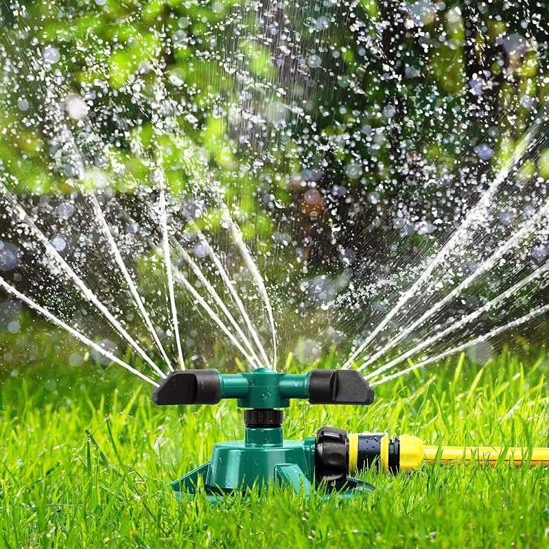 ENJSD Garden Sprinkler Automatic 360° 3 Arm Watering System 2-32 Ft