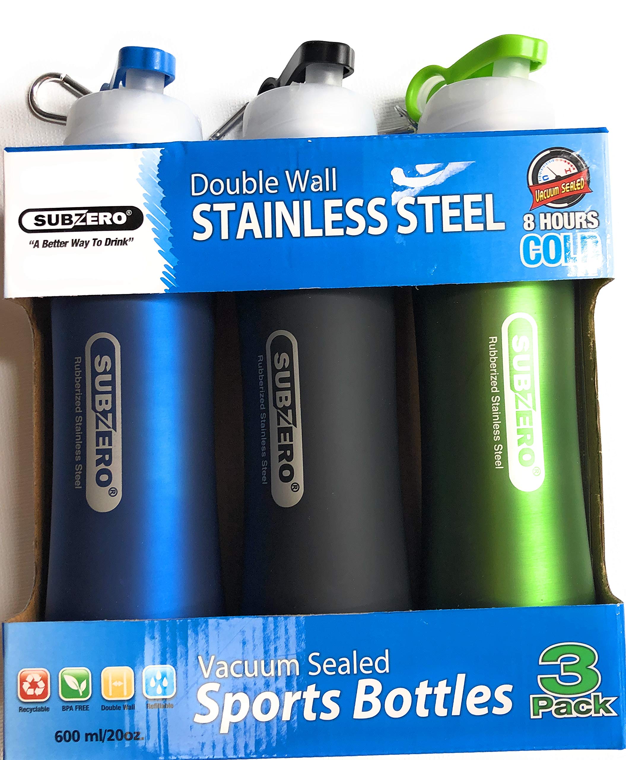 Subzero 3 Pack Double Wall Stainless Steel Vacuum Sealed Sports