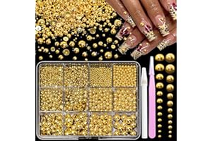 ANOLEAIR Gold Beads for Nails, Nail Pearls for Nail Art, Round Gold Pearls Nails, Caviar Nail Beads, Small Tiny Half Pearl Bead Gems Rhinestones for DIY Nail Art, Face Makeup and Hats Clothes Craft
