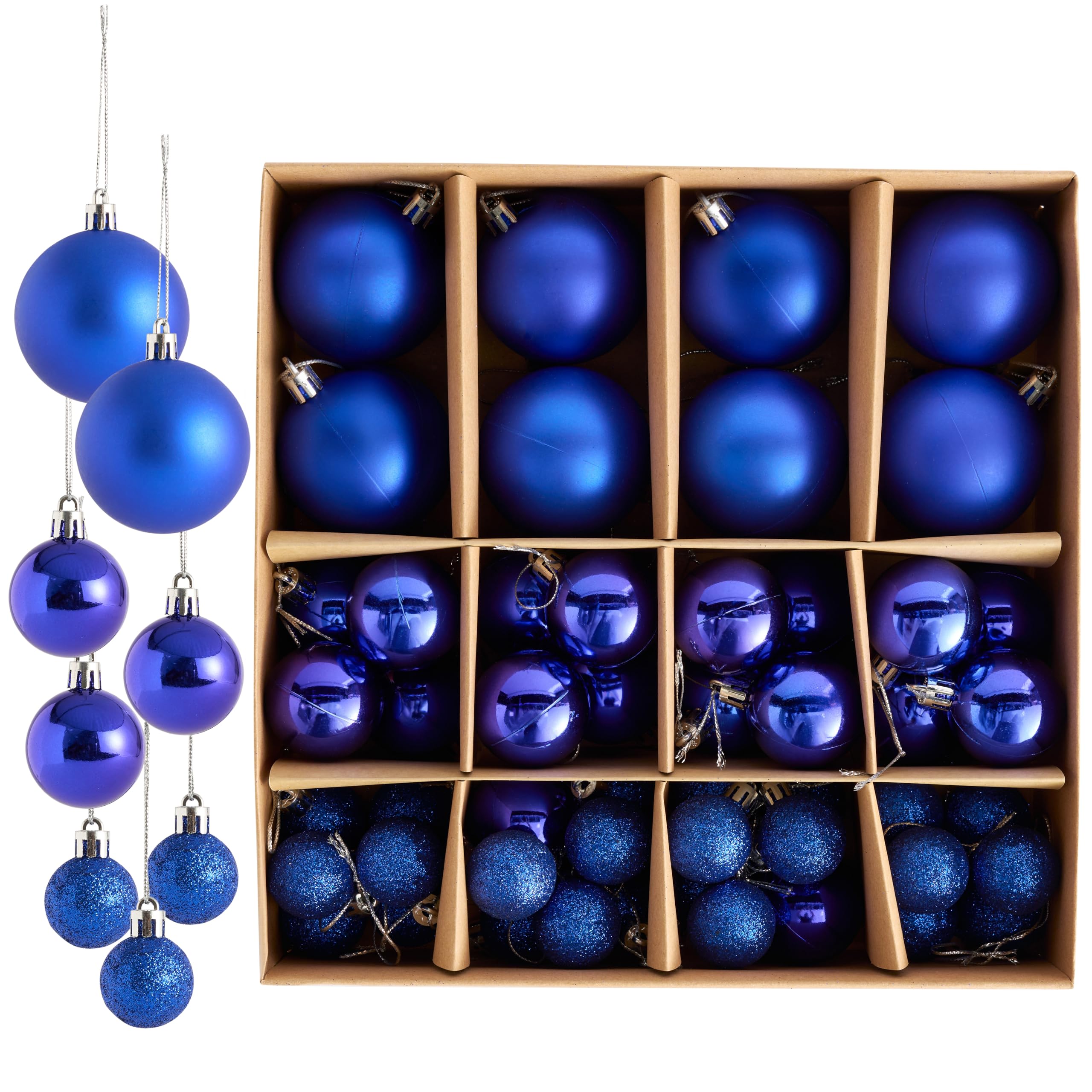 THE TWIDDLERS – 50-Pack Blue Christmas Baubles - Various Sizes and Finishes - 6cm, 4cm, 3cm - Matte, Glossy, and Glitter Designs for Tree Decorations