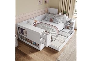 Merax Full Size Corner Daybed Frame with Headboard Storage, Multifunctional Storage Bed Frame with 2 Under-Bed Storage Drawer
