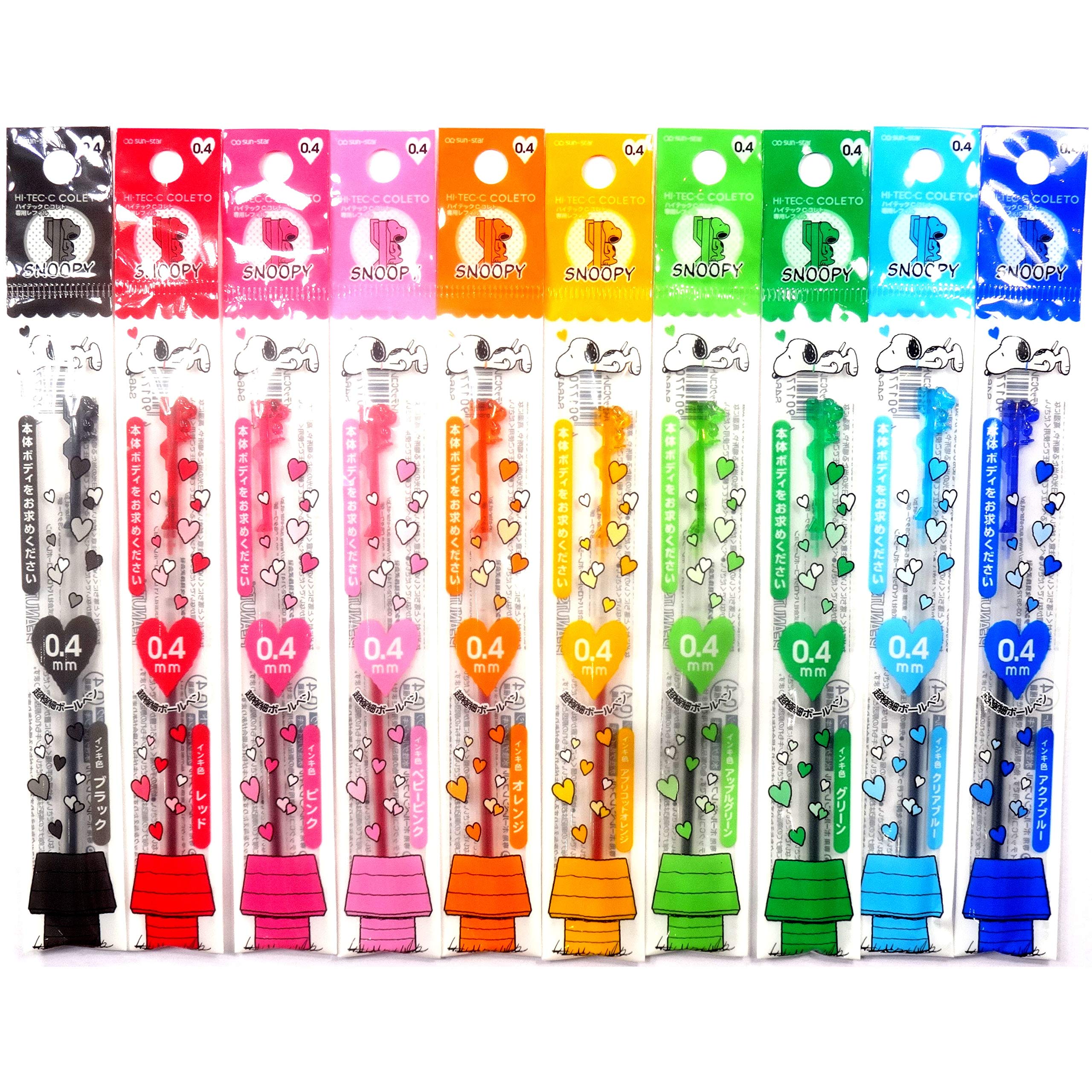 SNOOPY Hi-Tec-C Coleto Gel Ink Pen Refill 0.4mm 10 color Set (Japan Import) [Komainu-Dou Original Package]