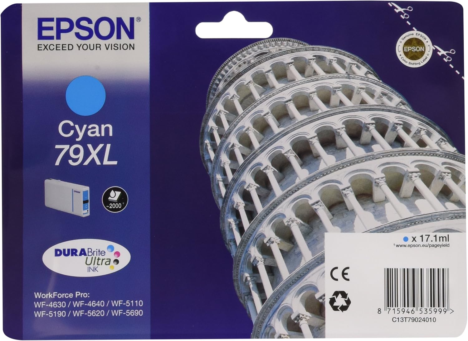 Epson 79XL Leaning Of Pisa Cyan Genuine, XL High Yield Ink Cartridge DuraBrite Ultra