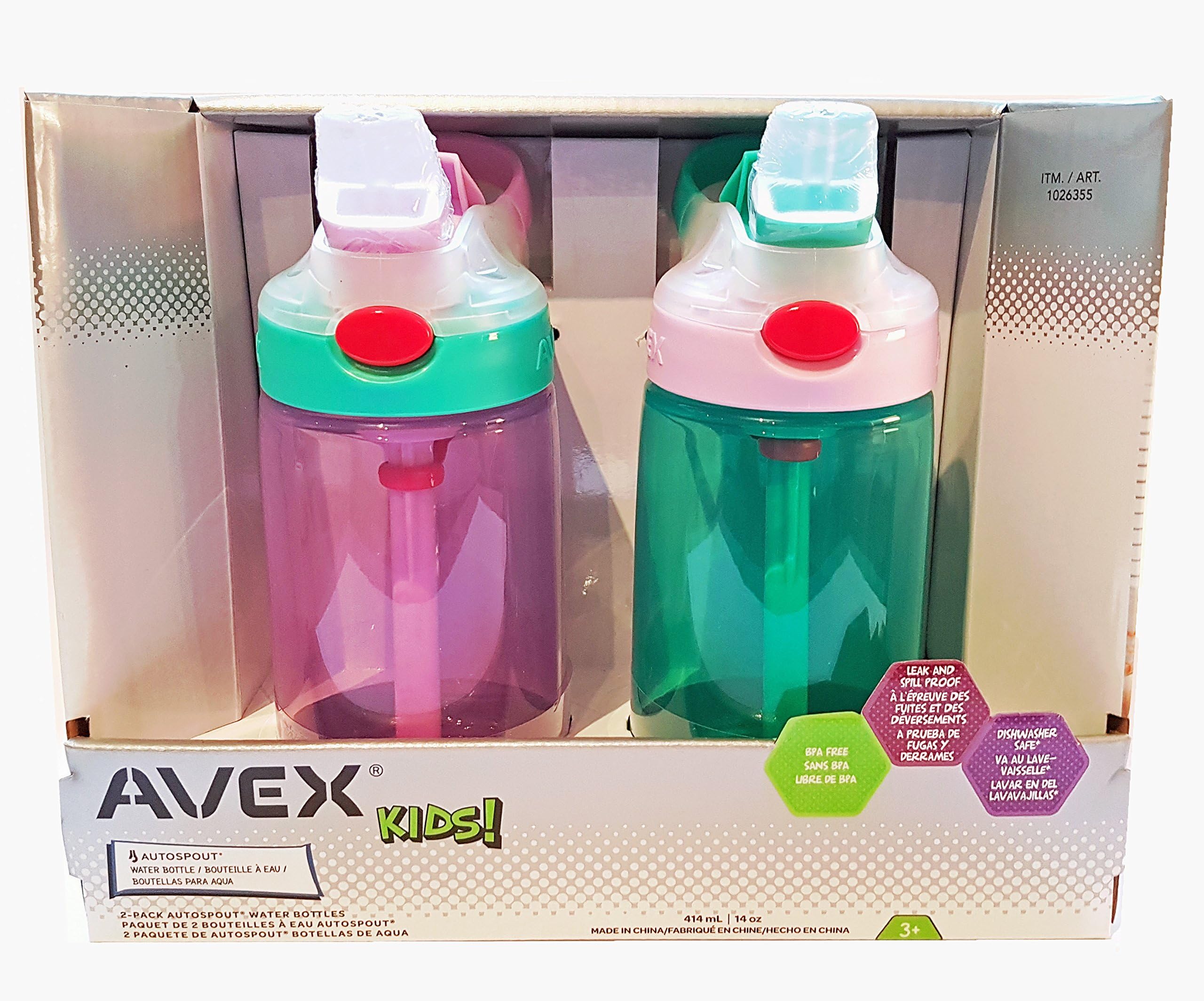 Avex Kids Water Bottles Autospout Leak & Spill Proof Purple & Green BPA Free