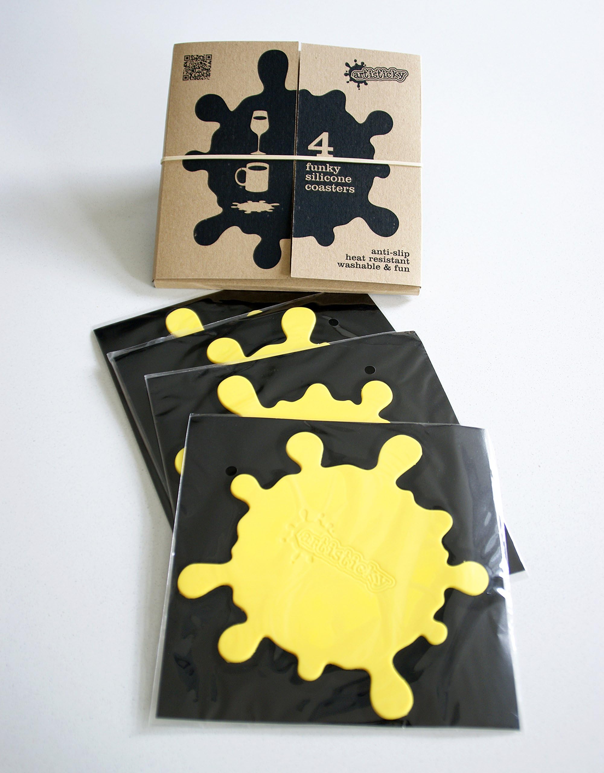 Set of 4 Funky YELLOW Anti Slip Silicone Coasters - FREE POST