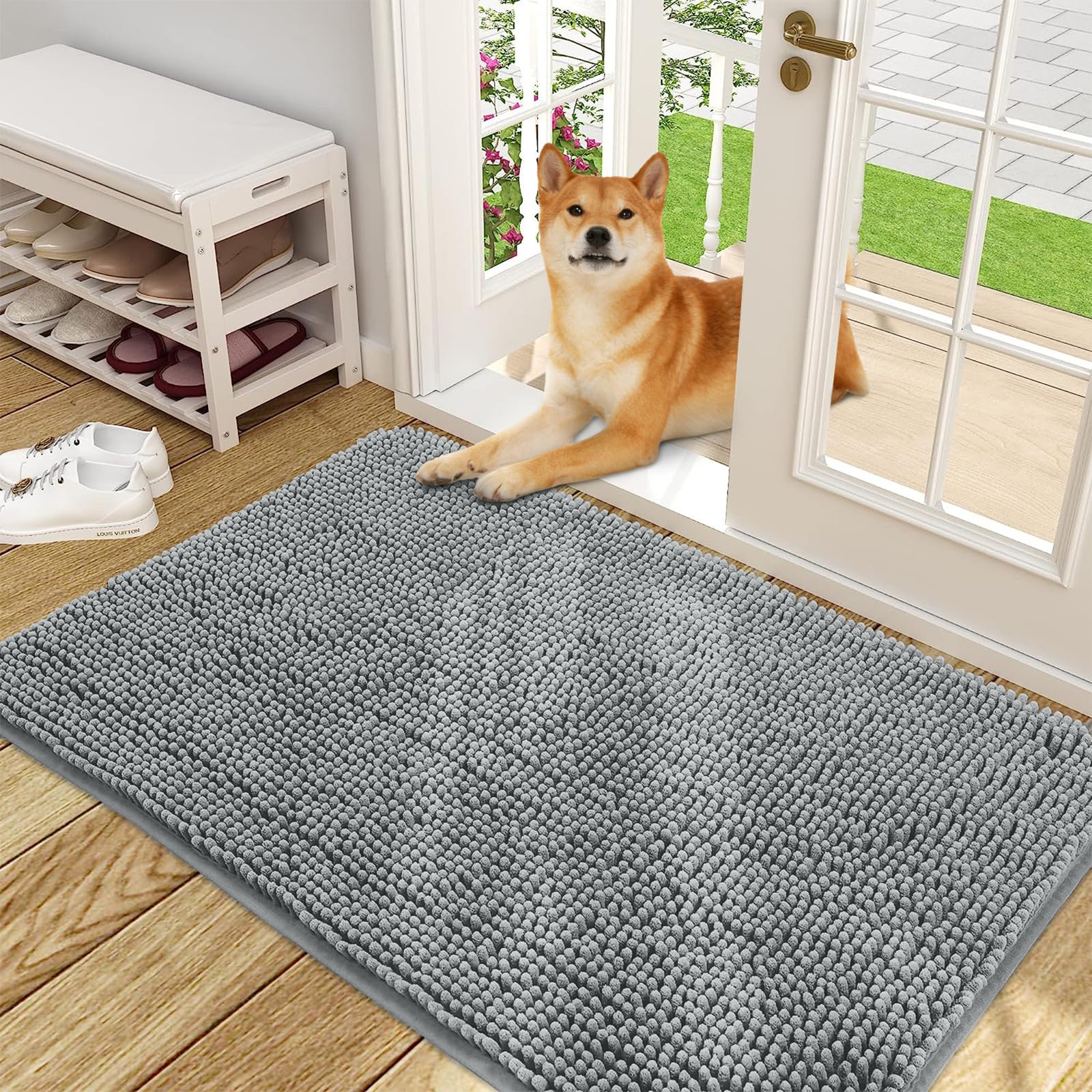 Photo 1 of OLANLY Dog Door Mat for Muddy Paws 48x30, Absorbs Moisture and Dirt, Absorbent Non-Slip Washable Doormat, Quick Dry Chenille Mud Mat for Dogs, Entry Indoor Entryway Carpet for Inside Floor, Grey