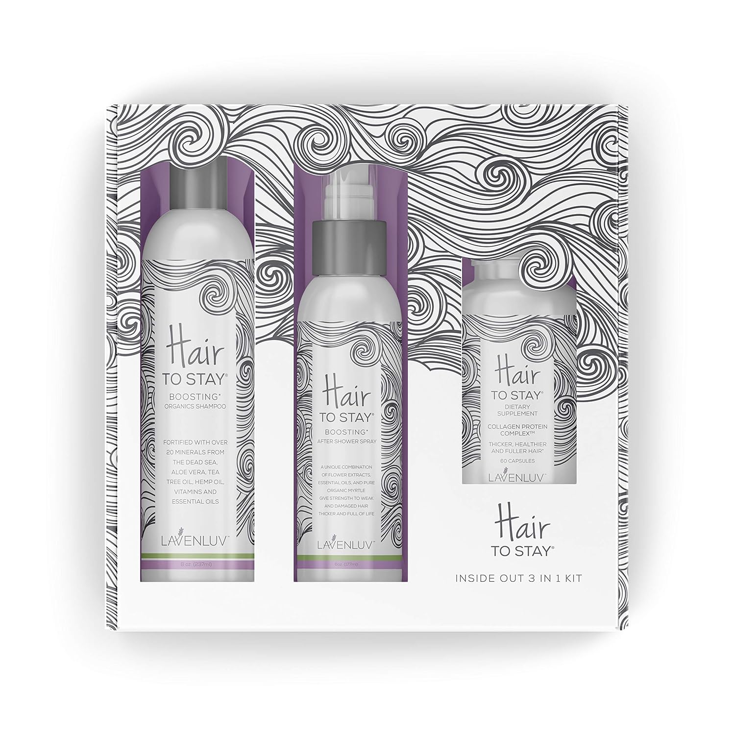 Lavenluv Hair to Stay Hair Care Set - 3 Piece Kit Including Organic Shampoo with Essential Oils, Vitamin Supplements, and After Shower Spray - Promote Healthy Growth, Repair and Strengthen Roots