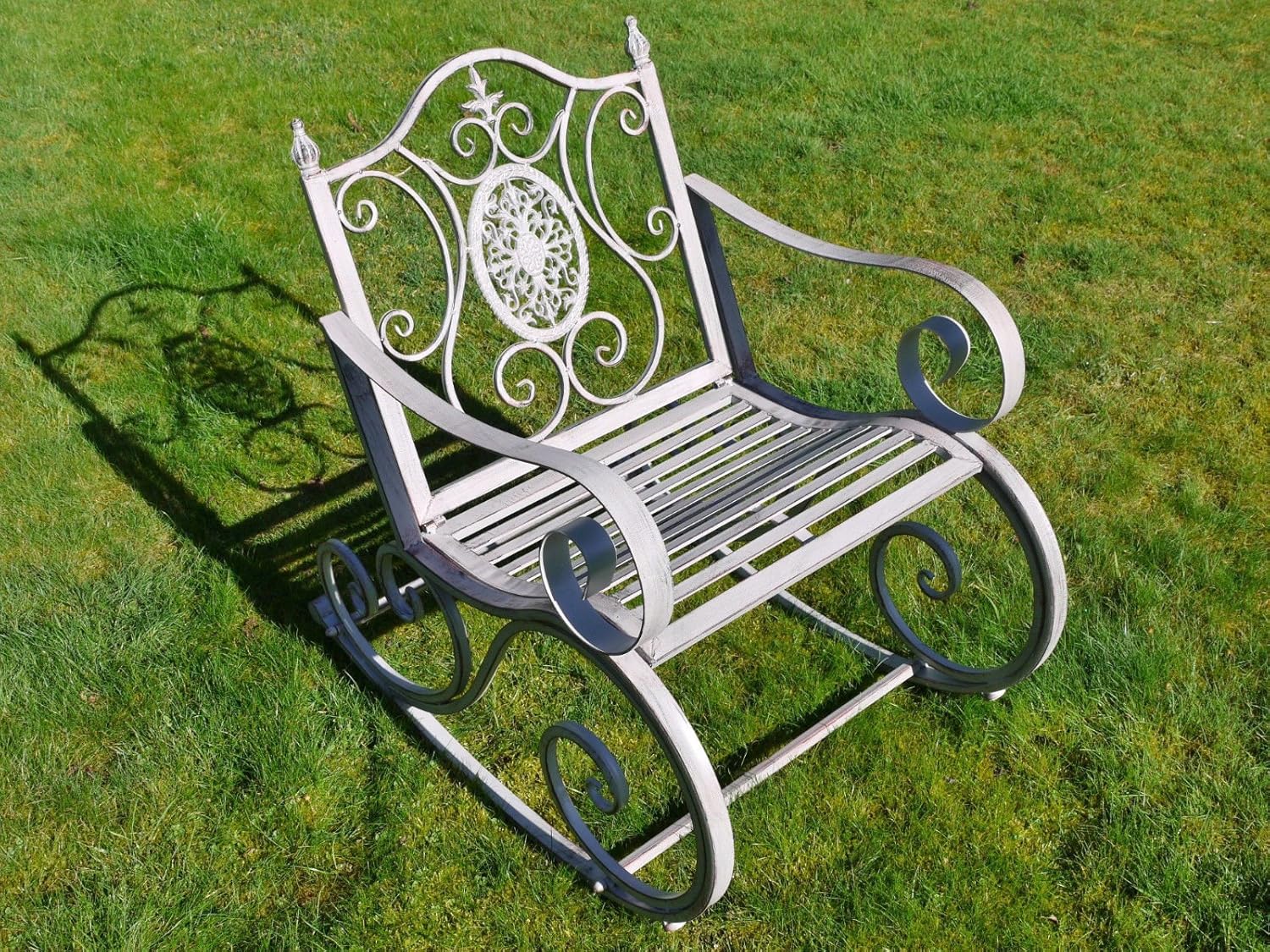 Antique Grey Victorian Wrought Iron Metal Garden Patio Rocking Chair