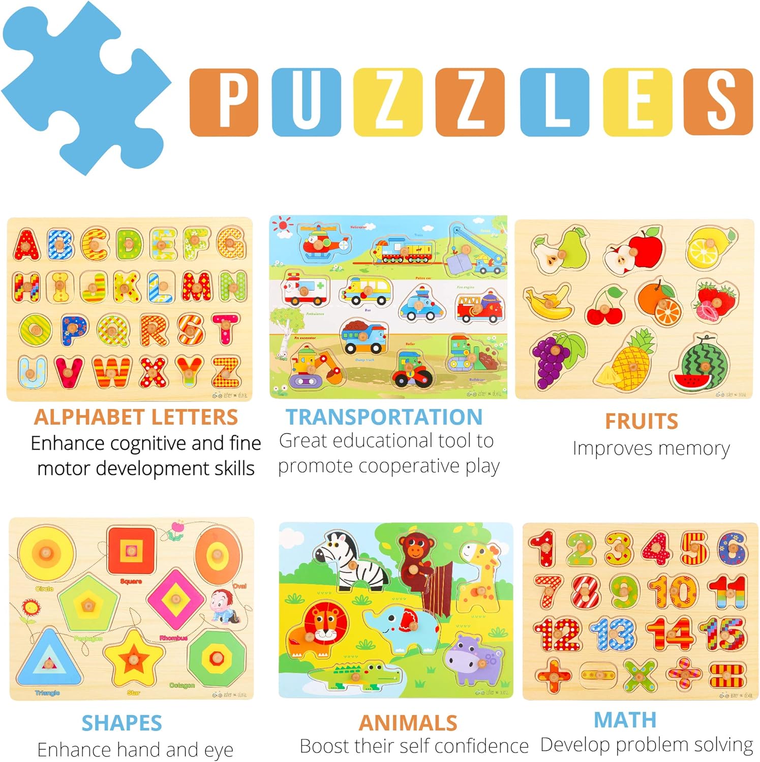 Wooden Toddler Puzzles and Rack Set - (6 Pack) Bundle with Storage Holder Rack and Learning Clock - Kids Educational Preschool Peg Puzzles for Children Babies Boys Girls - Alphabet Numbers Zoo Cars: Toys & Games