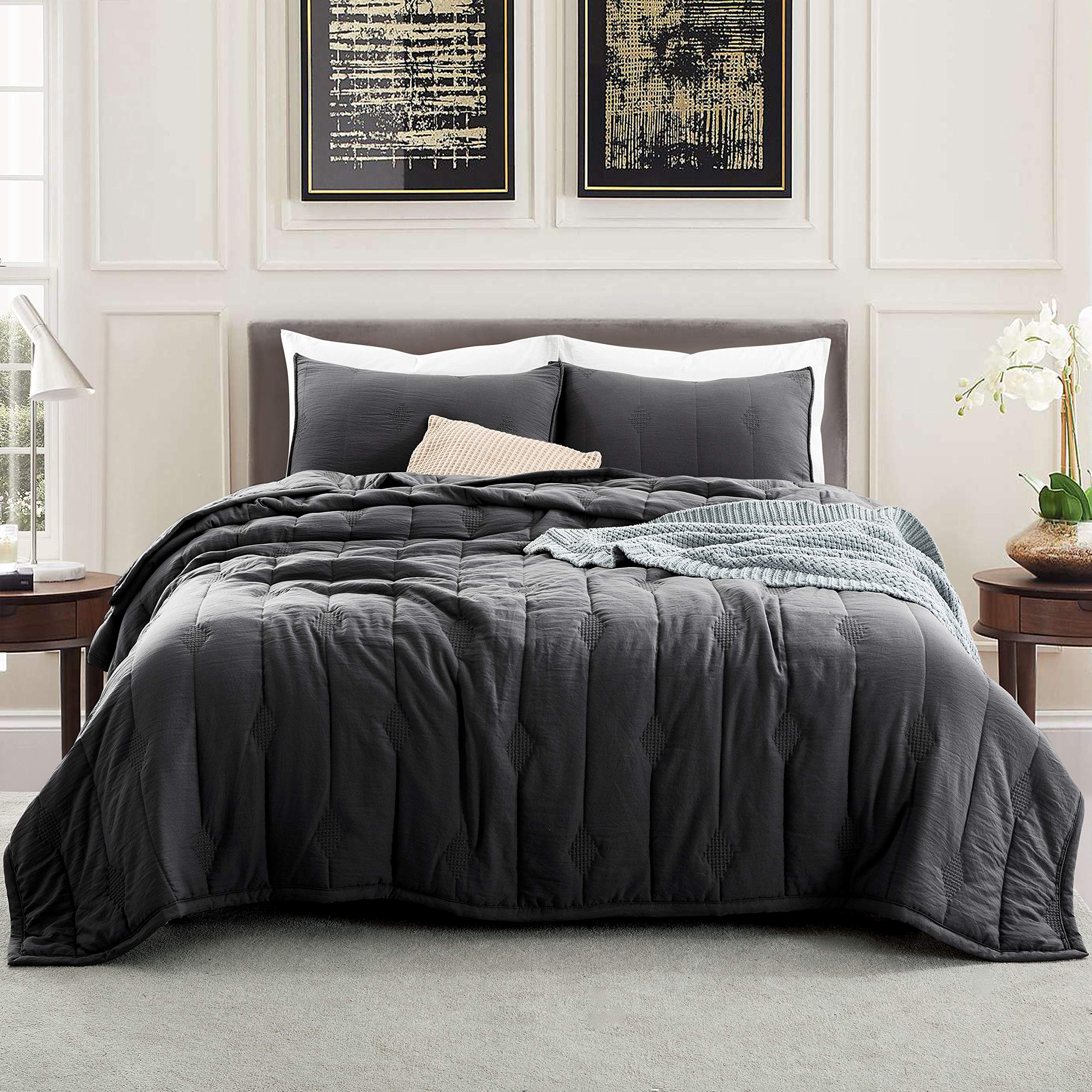Photo 1 of ANNA.Z HOME King Quilt Set, Lightweight Bedding Set, Washed Soft Fabric, Grey, Boho Embroidered Coverlet, All-Season, Machine Washable, 3-Piece Set, 1 Quilt + 2 Shams (Charcoal, King Set)