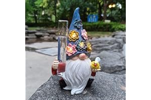 VIVICOMFY Resin Gnomes Solar Rian Gauges,Resin Gnome Garden Statue with a Glass Rain Gauge,Hand Painted Sculpture Water Gauge for Garden Patio,Outdoor Solar Gnome Statue