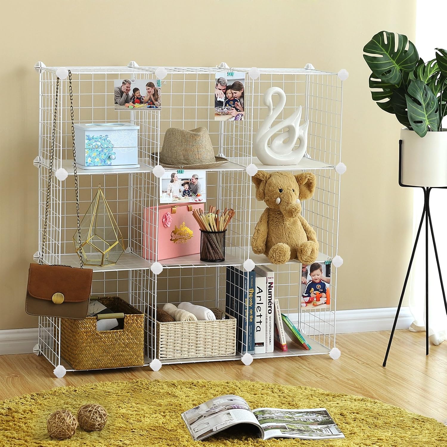 SONGMICS 9-Cube Wire Grid Storage Rack, Interlocking Shelving Unit with Metal Mesh Shelves and PP Plastic Sheets - Image 3