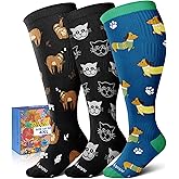 Lalapapa Wide Calf Compression Socks for Women - 3-Pair Plus Size 20-30mmHg Ankle Support Easy on off Socks for Travel Nurse