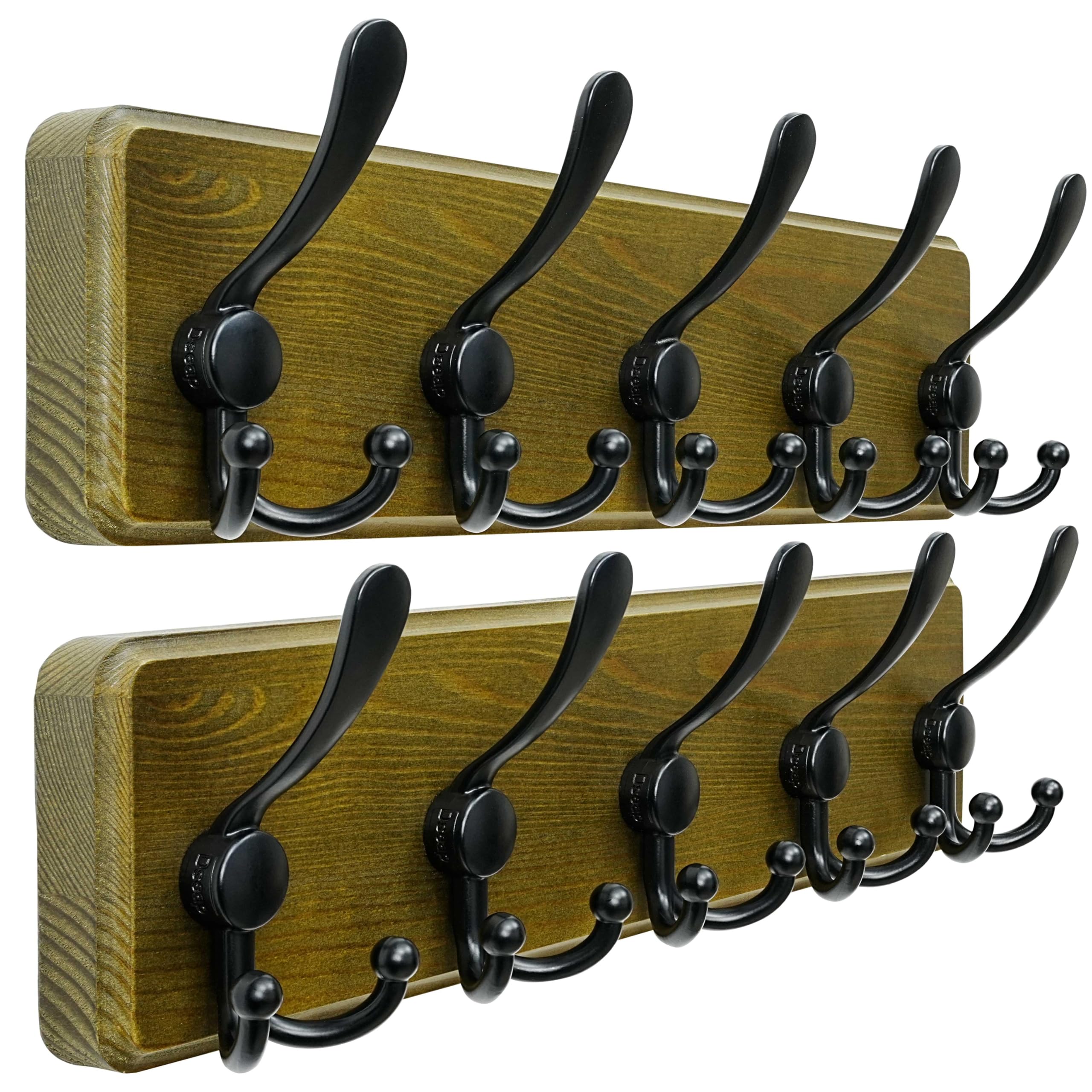 Dseap Coat Rack Wall Mount - Heavy-Duty Robust Barnwood-Style Wooden Wall Coat Hanger Hook Rail with 5 Triple Hooks for Winter Coats Hat Jacket Clothing, Weathered Green & Black, Pack of 2 Image