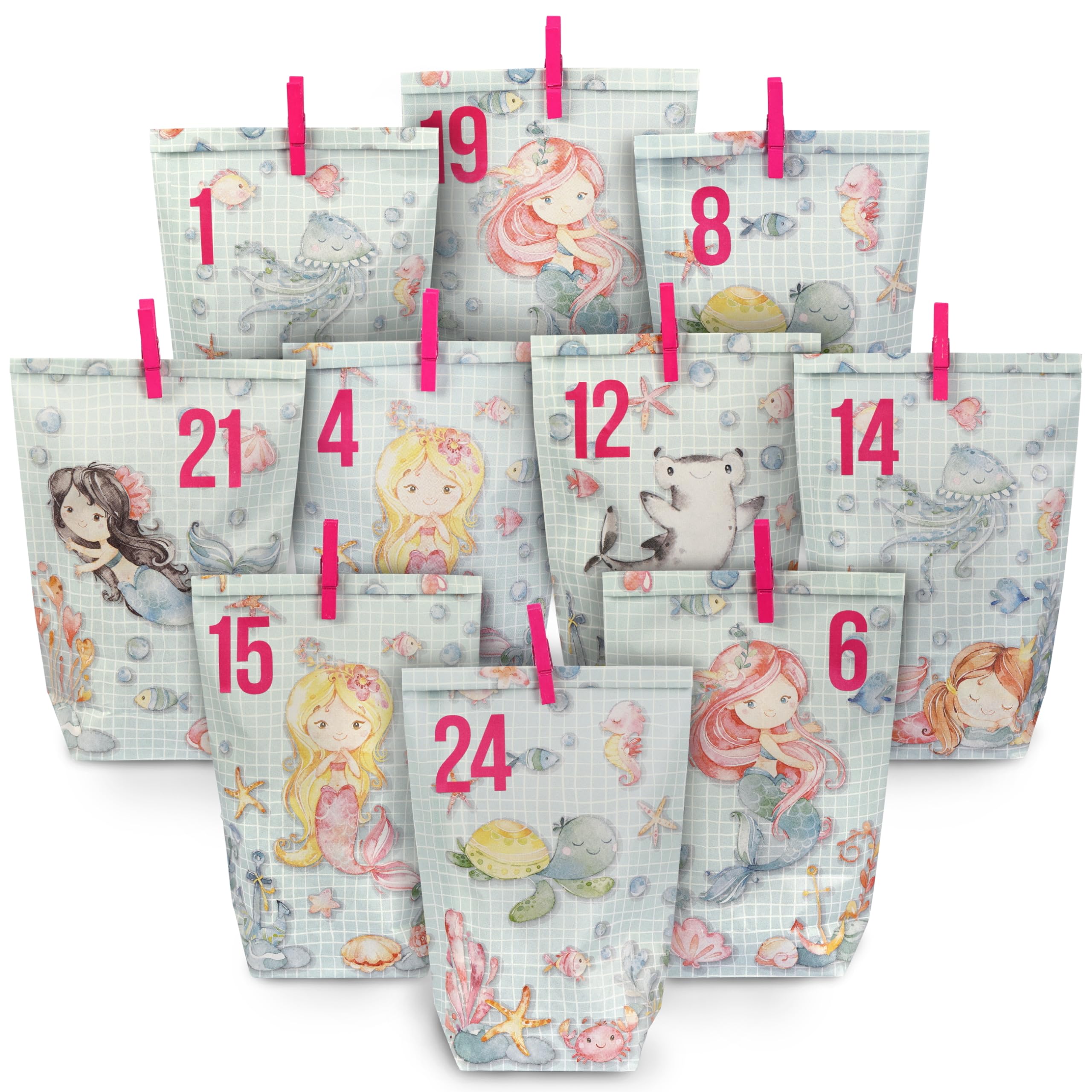 Extravagant Advent Calendar for Filling with 24 Turquoise Gift Bags and 24 Number Stickers and Clips, Mermaid Motif for Crafts and Gift-Giving for Christmas and Advent