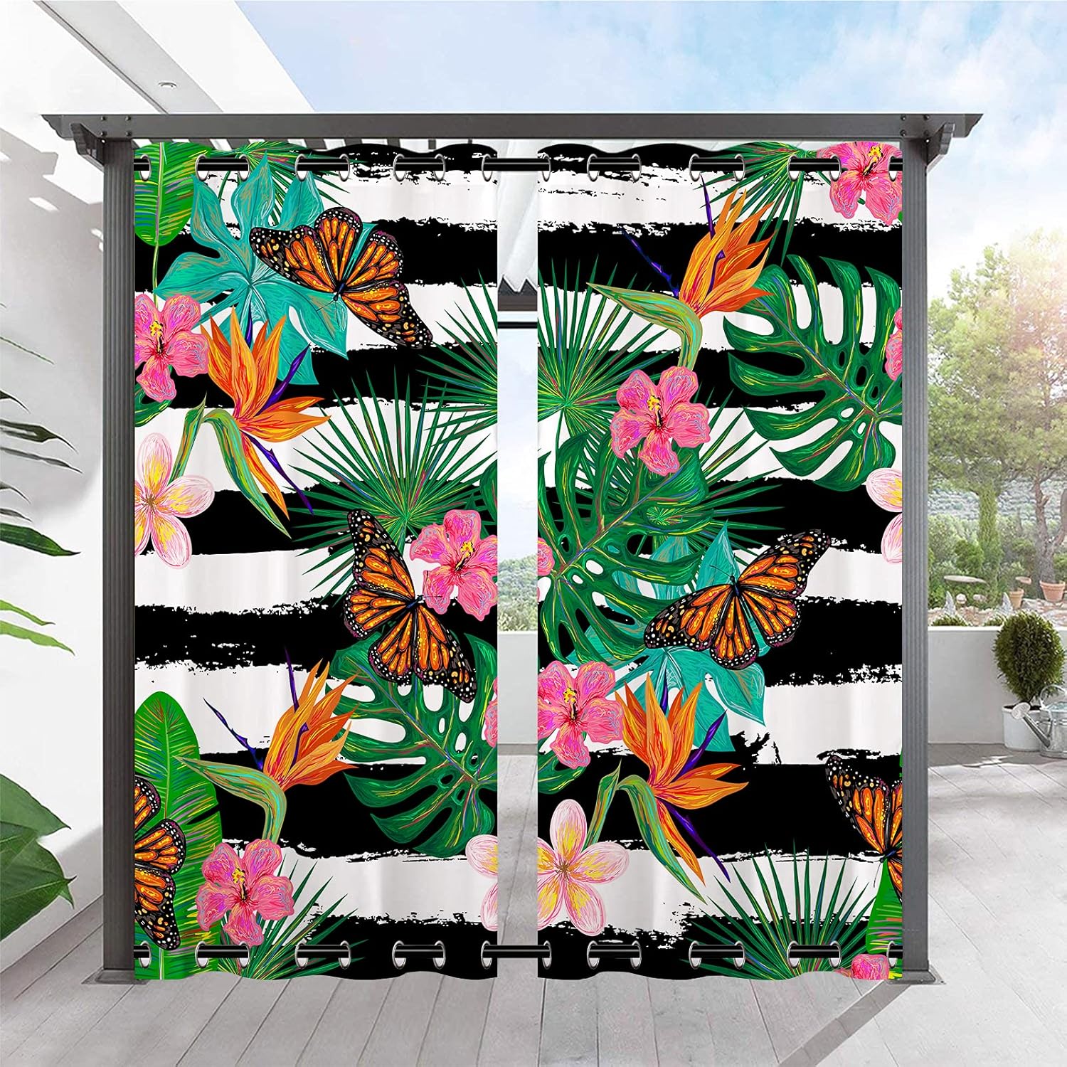 Outdoor Curtains - ANHOPE Outdoor Curtains Waterproof Windproof Grommet Top & Bottom Curtains Tropical Plant Flower Leaf Butterfly Print Pattern Outside Curtains for Patio Pergola Gazebo Garden 2 Panels 36 x 84 Inch