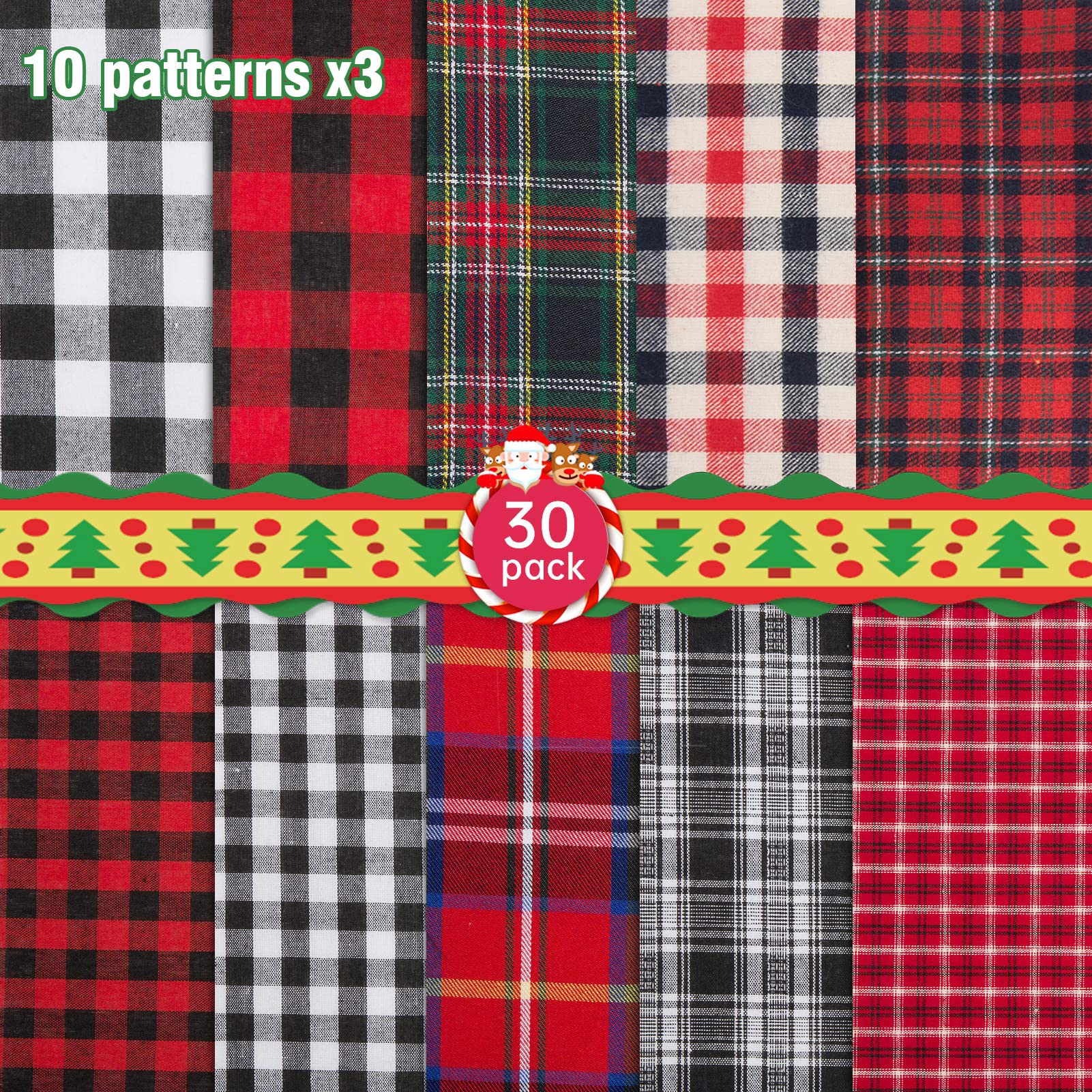 30pcs Christmas Plaid Cotton Fabric- 10 x 10inch Xmas Quilting Fabric Squares in 10 Styles Christmas Fat Quarters Fabric DIY Fabric Supplies for DIY Sewing Quilting Patchwork Homemade Crafts Presents