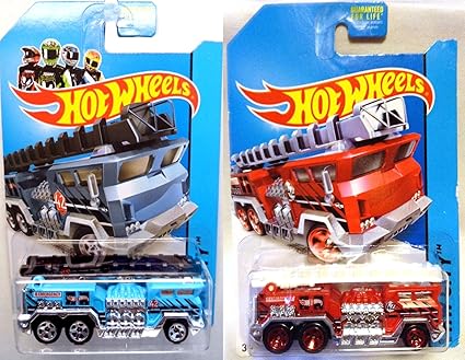 Amazon.com: Juego de 2 Camiones de Bomberos Hot Wheels 5 Alarmas Azul y Rojo Motor de Bomberos Variant 2014 HW Rescue City Series 1:64 Escala Coleccionable de Metal fundido Modelos de Coche