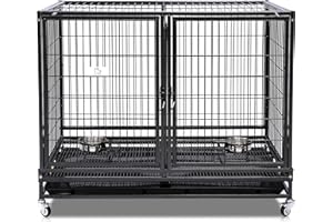 HOMEY PET 43" Stackable Heavy Duty Cage Crate Kennel with Feeding Doors,Removable Divider and Tray, Lockable Wheels Indestructible and Sturdy Locks Design (DG-43-FS)