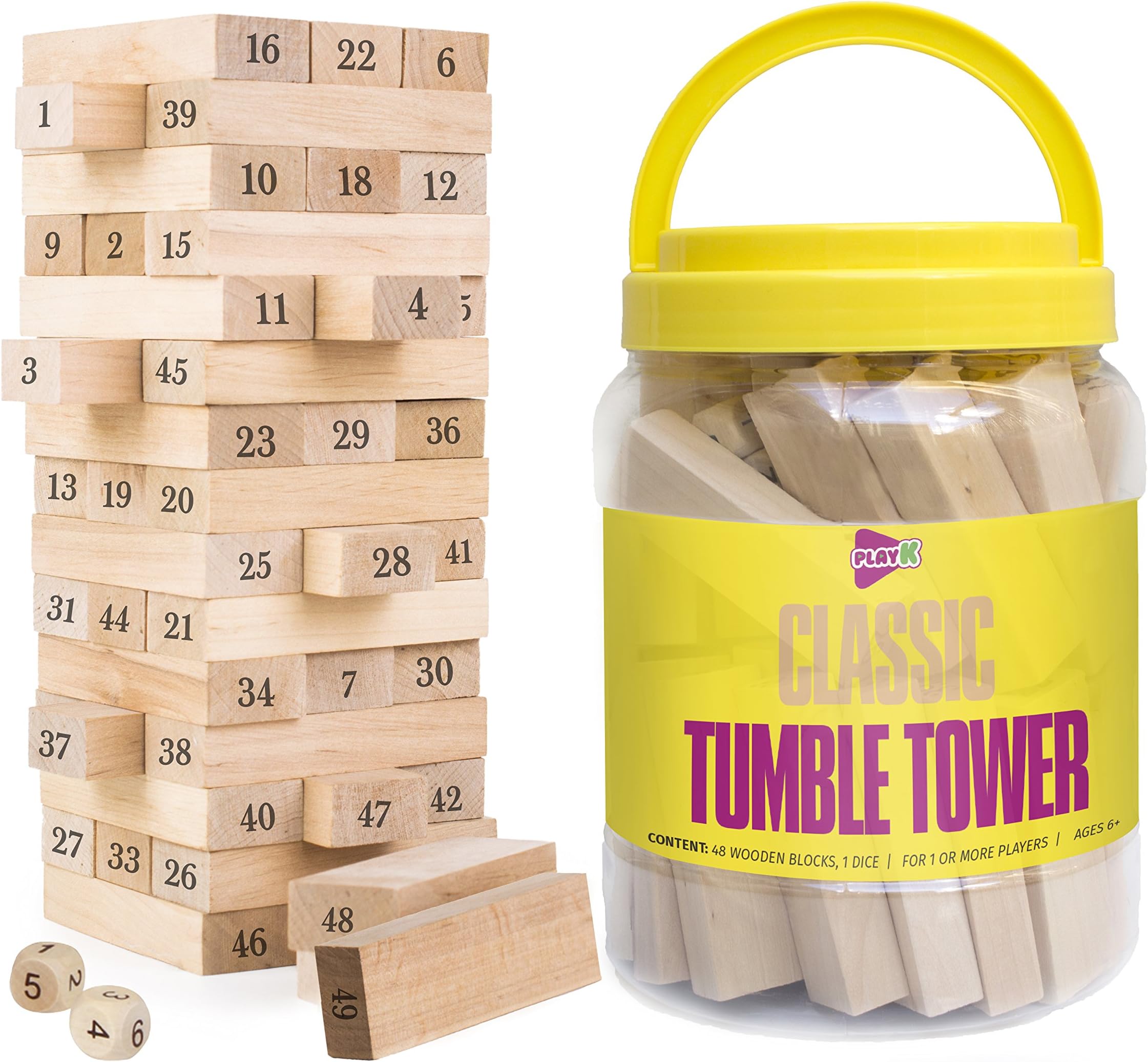 Play K Classic Tumble Tower Wooden Stacking Blocks Drinking Game Fun Entertainment with Plastic Container. Great Gift idea