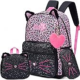 Meetbelify Black Cute Cat School Backpack for Girls Backpack with Lunch Box for Elementary Students Kids Travel Bookbag for Girls Ages 6-8