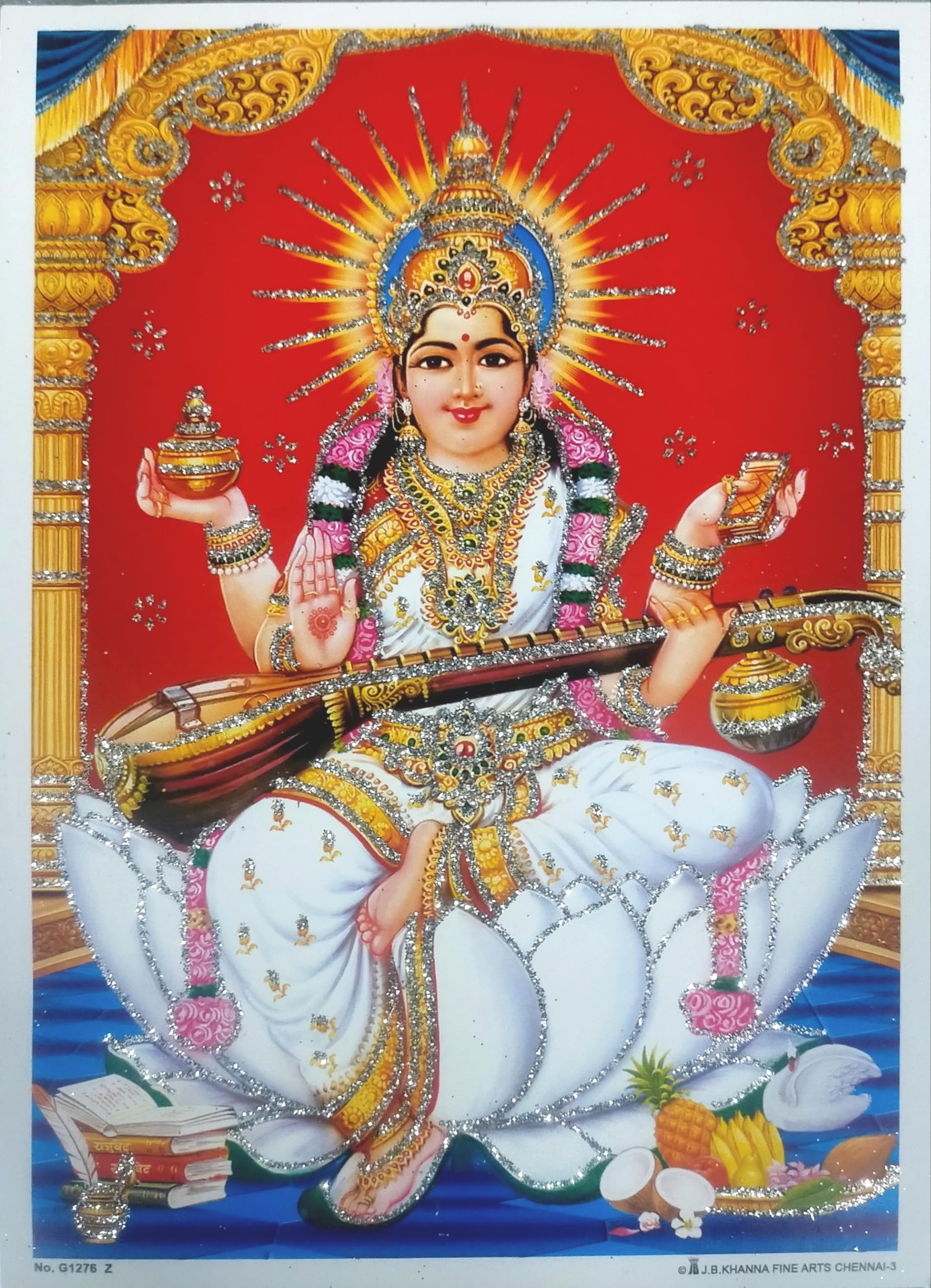 Rastogi Handicraft India Best Of Reprint Hindu God Poster/Picture With Unframed (White Paper, Saraswati-Ji-7"X5")