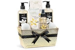 FREIDA AND JOE Bath and Body Gift Basket For Women and Men – 8 Piece Set of Warm Vanilla Bath & Body Collection Gift Basket, Includes Shower Gel, Bubble Bath, Body Lotion, Body Mist & More - Appreciation Gift Ideas
