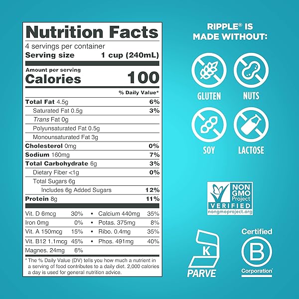 RIPPLE NON-DAIRY MILK, ORIGINAL, 32OZ | VEGAN MILK WITH 8G PEA PROTEIN PER SERVING | SHELF STABLE | BETTER FOR YOU, BETTER TASTING TOO | NON GMO, PLANT BASED, GLUTEN FREE, NUT FREE, SOY FREE