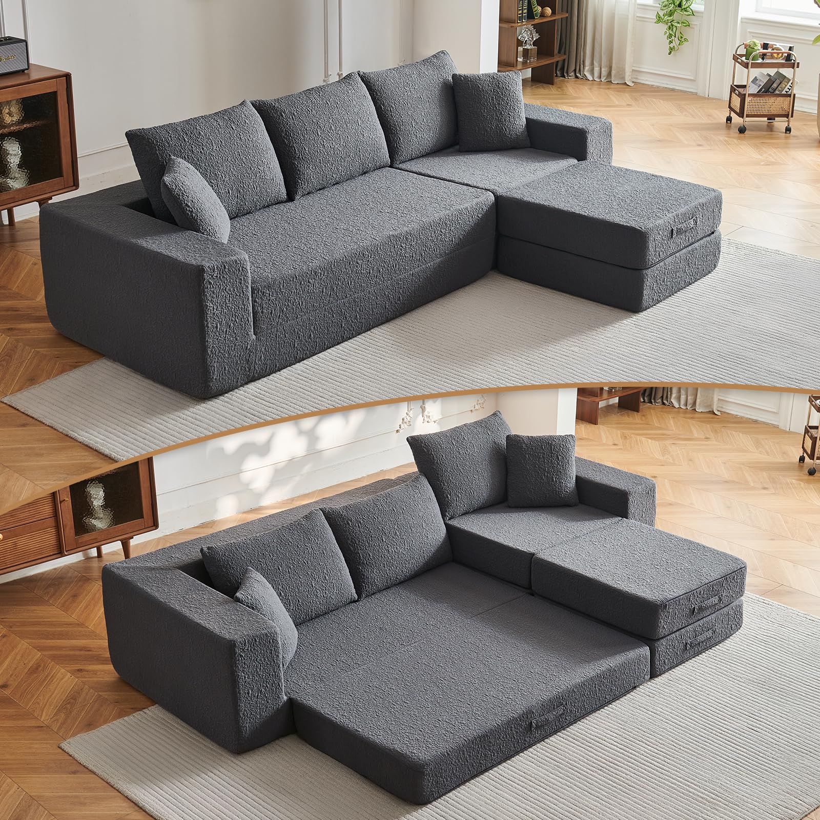 Photo 1 of 108" Modular Sectional Cloud Sofa - Boneless Couch with Deep Seat, Non Slip Base, Folding Sofa Sectional Couches for Living Room, Cozy Modular Couch with L-Shape Chaise, No Assembly Required, Grey