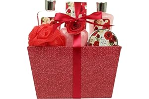 LOVESTEE Mothers Day Gifts, Spa Baskets for Women Bath and Body Basket for Women, Includes Love of Rose Shower Gel, Bubble Bath, Body Lotion, Bath Salt, Red Bath Puff and Heart Bath Bomb