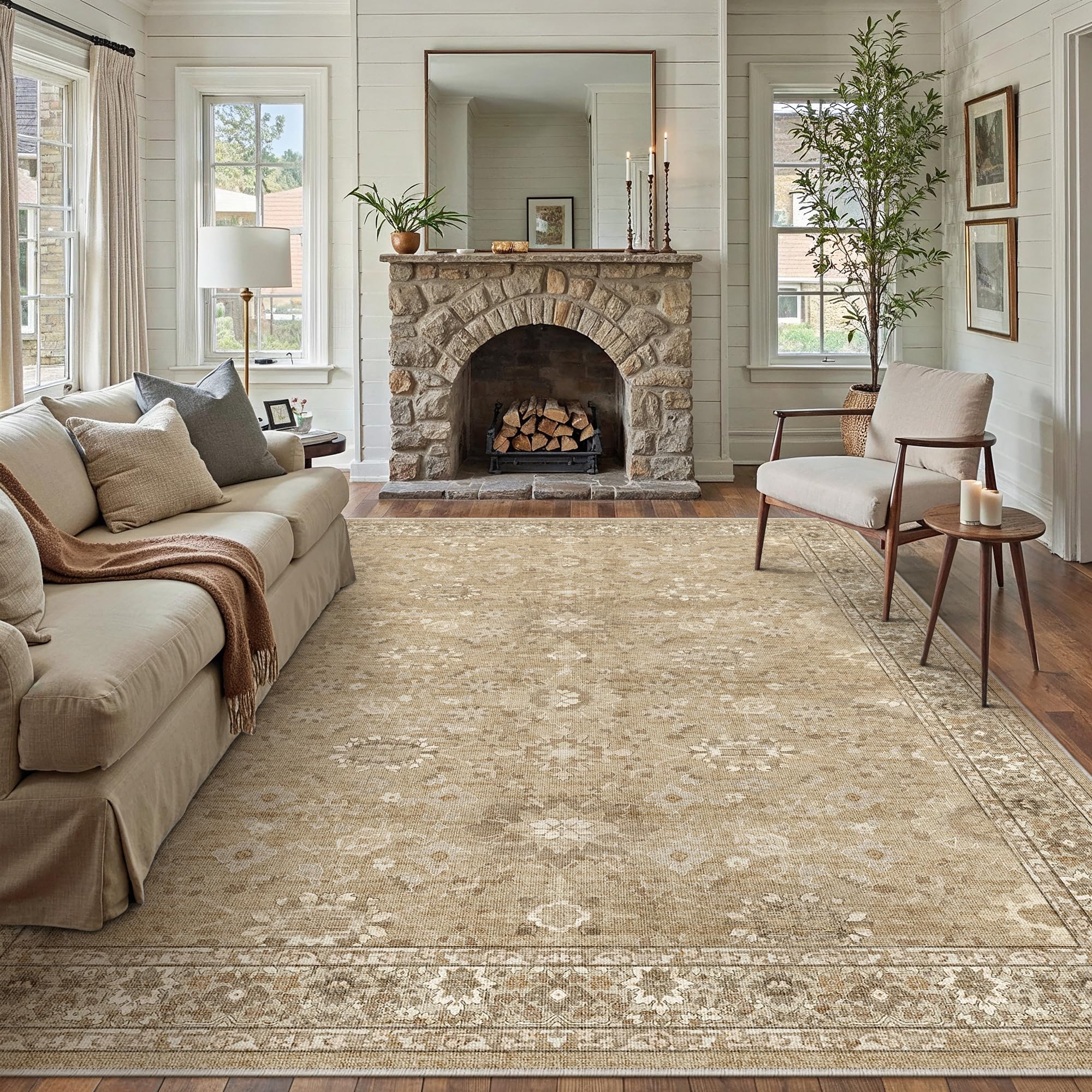 PureCozy 8x10 Brown Area Rug Non Slip Large Vintage Living Room Distressed Machine Washable Retro Carpet Indoor Bedroom Traditional Floral Accent Throw Rug for Office Kitchen Dorm Dining Room Image