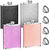 Meekoo 4 Pcs 8 oz Women Glitter Flask for Liquor Stainless Steel Hip Flask Bling Leakproof with 4 Funnels Colorful Bottle for Vodka Whiskey, Silver, Black, Purple, Light Pink