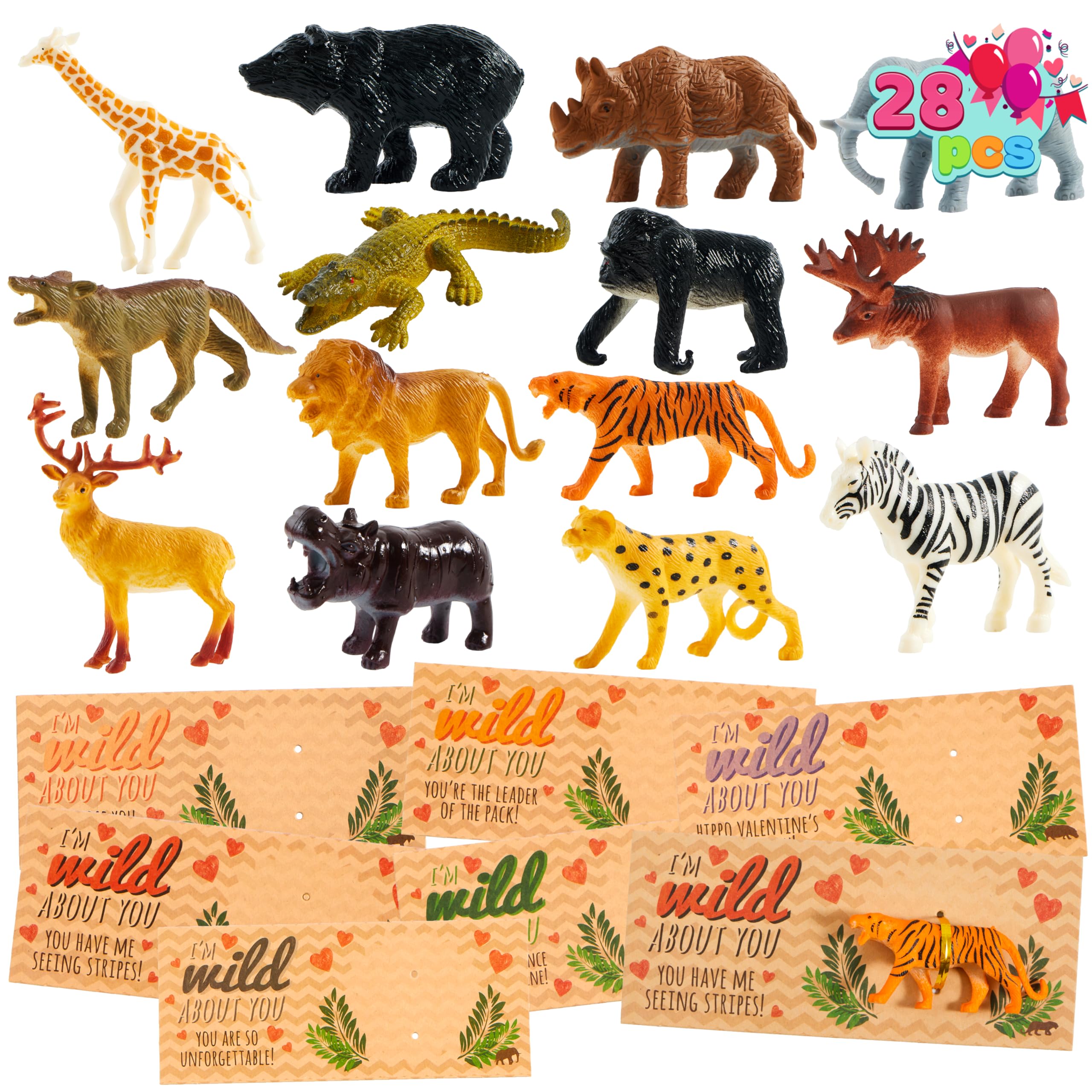 Photo 1 of JOYIN 28Pack Valentines Day Gifts Cards with Zoo Animals Figures for Boys Girls, Greeting Cards for Classroom Exchange, Kids Party Favors School Game Prize Toys