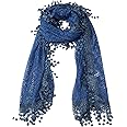 Women's lightweight Feminine Lace teardrop fringe Vintage Mesh Crochet Tassel Scarf for Women