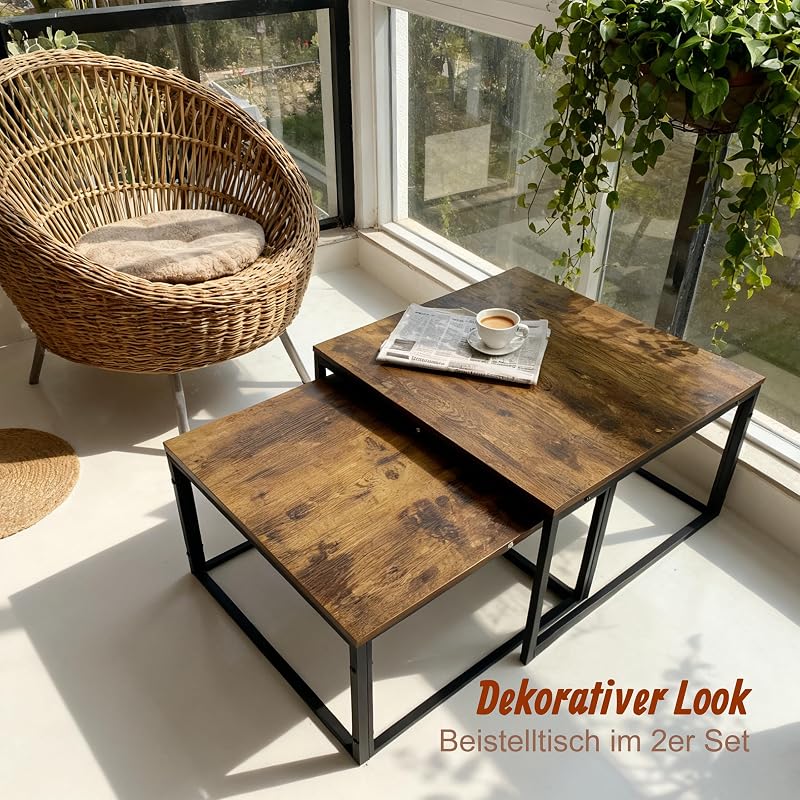 Satztisch 2er Set, Industrial Design, 65 cm & 75 cm, Holzoptik & Metall, eckige Beistelltische, braun/schwarz