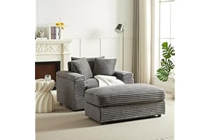 ATUMON 44" Oversized Corduroy Chaise Longue Indoor,Comfy Thicked Upholstered Pad Lounge Chair with Ottoman,Soild Wood Sleeper Reclining Chair,Deep Seat Couch for Living Room-Grey