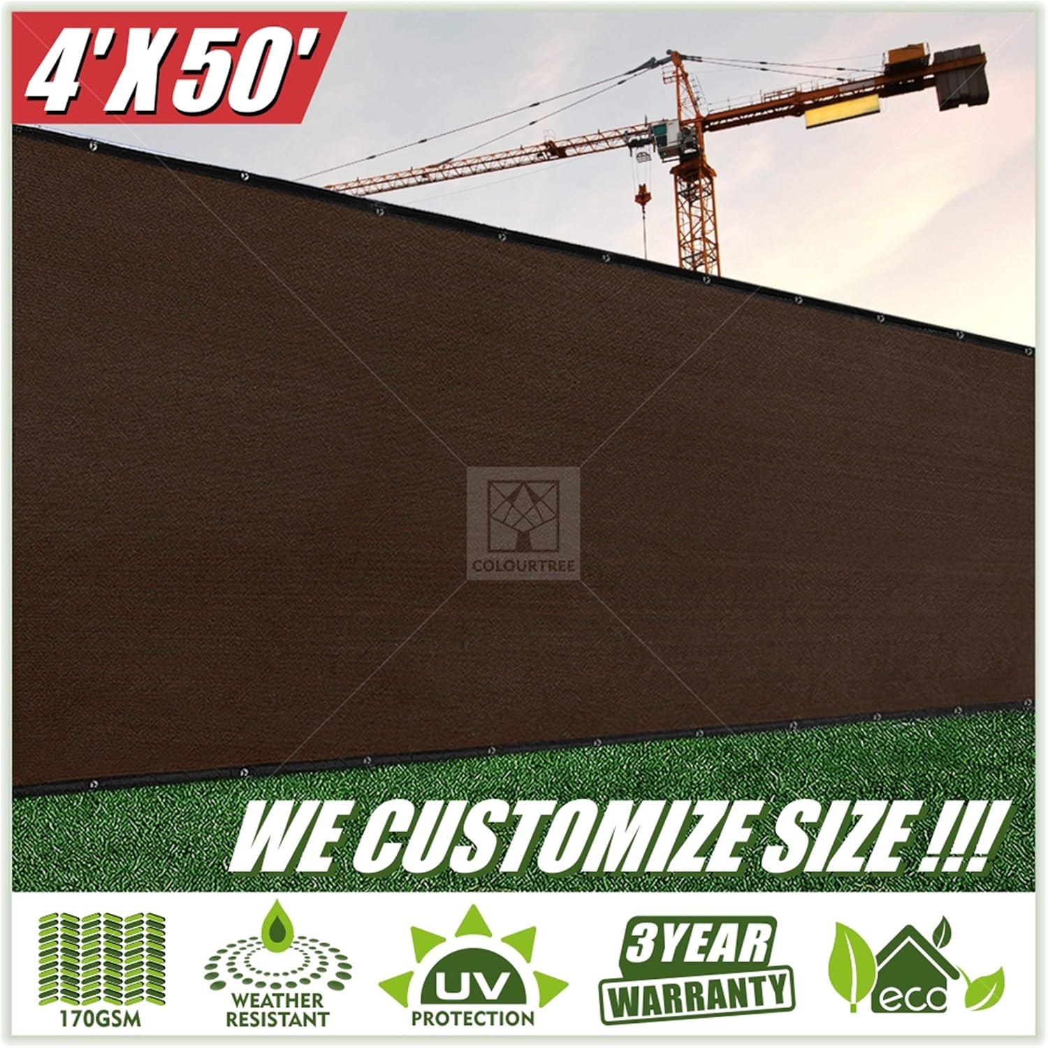 ColourTree 4' x 50' Brown Fence Privacy Screen Windscreen, Commercial Grade 170 GSM Heavy Duty, We Make Custom Size