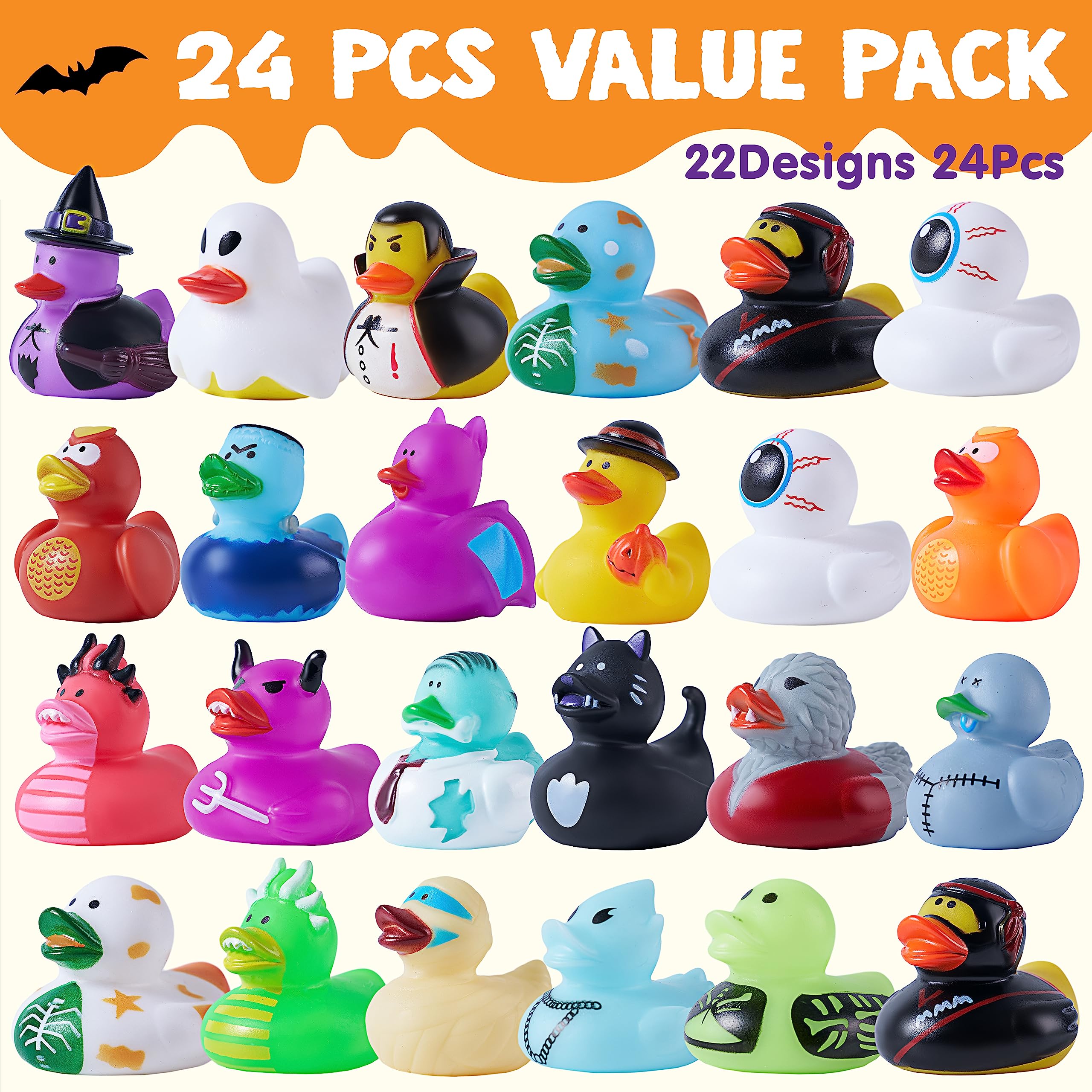 JOYIN 24 PCS Halloween Rubber Ducks, Halloween Ducks Toys for Trick or Treating Goodie Bag Fillers, Bathtub Toys Duckies for Halloween Party Favors Decorations, School Classroom Game Prizes