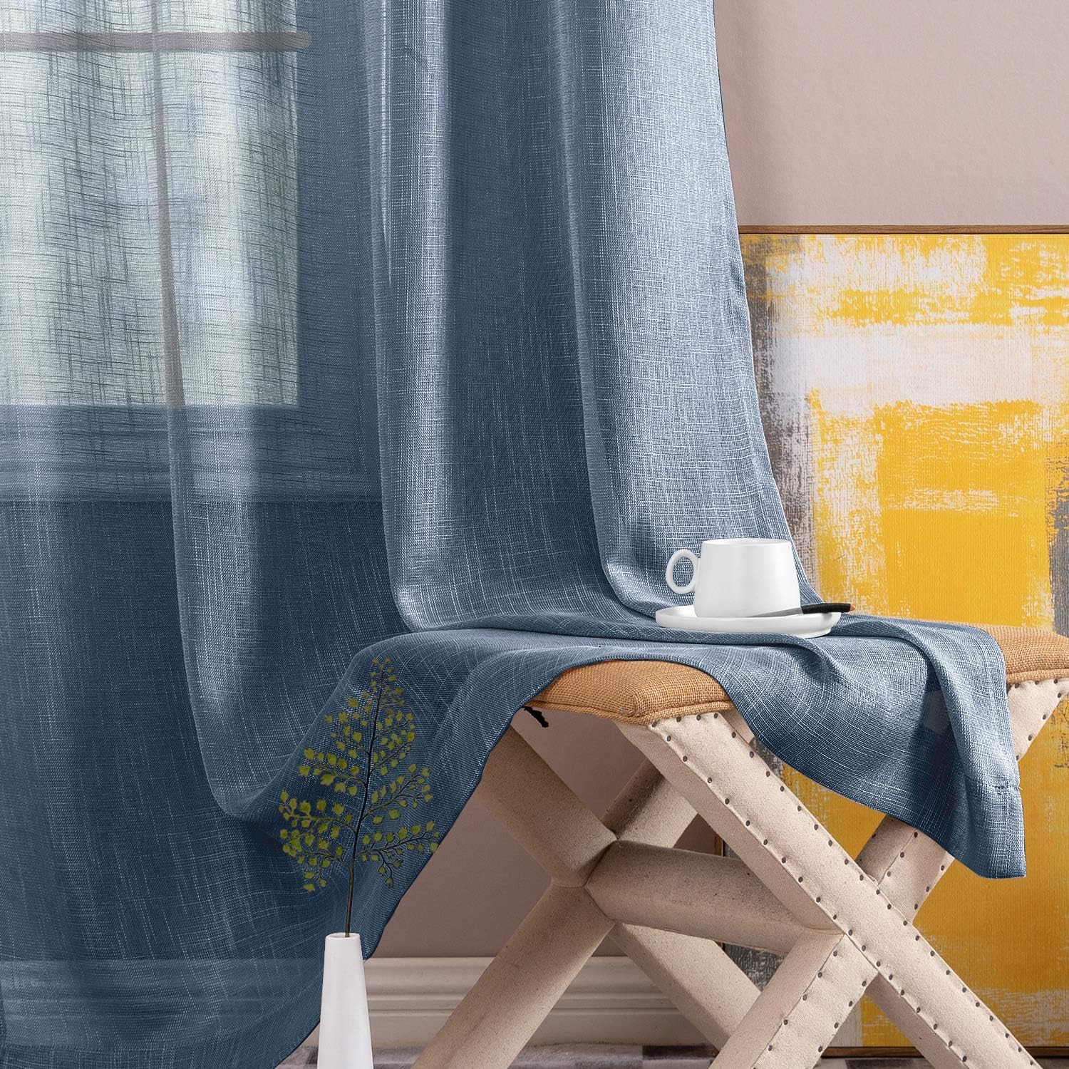 Sheer Curtain Panels for Bedroom Rod Pocket Curtains for Living Room Linen Textured Drapes 95 inches Long 2 Panels Navy Blue