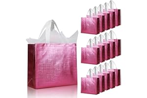 cabzymx 16 Pcs Pink Reusable Gift Bags, Metallic Bling Design Holiday Gift Bag with Handles & Bases, Non-woven Goodie Bag Bulk for Birthday, Wedding, Parties, Graduation- 12.6x4.7x11 In