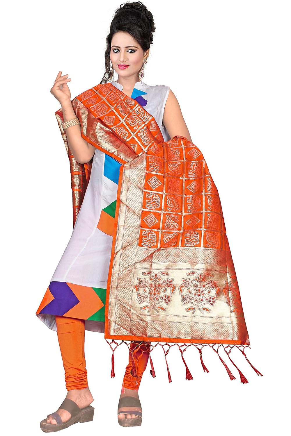 rahee collection women's banarasi bandhani silk dupatta (orange & gold)